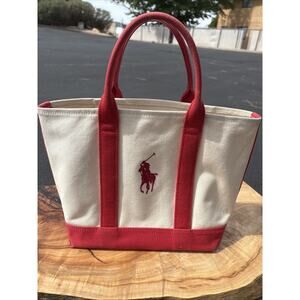 Ralph Lauren Big Pony White Red Striped Canvas Tote Bag 10"Lx9"Hx5"D Old Money